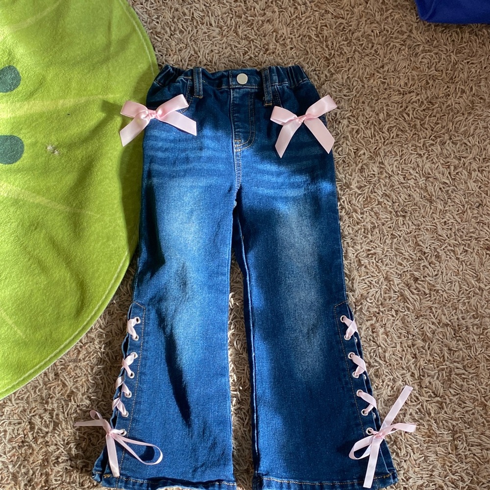 Girls denim jeans with pink bows (4)